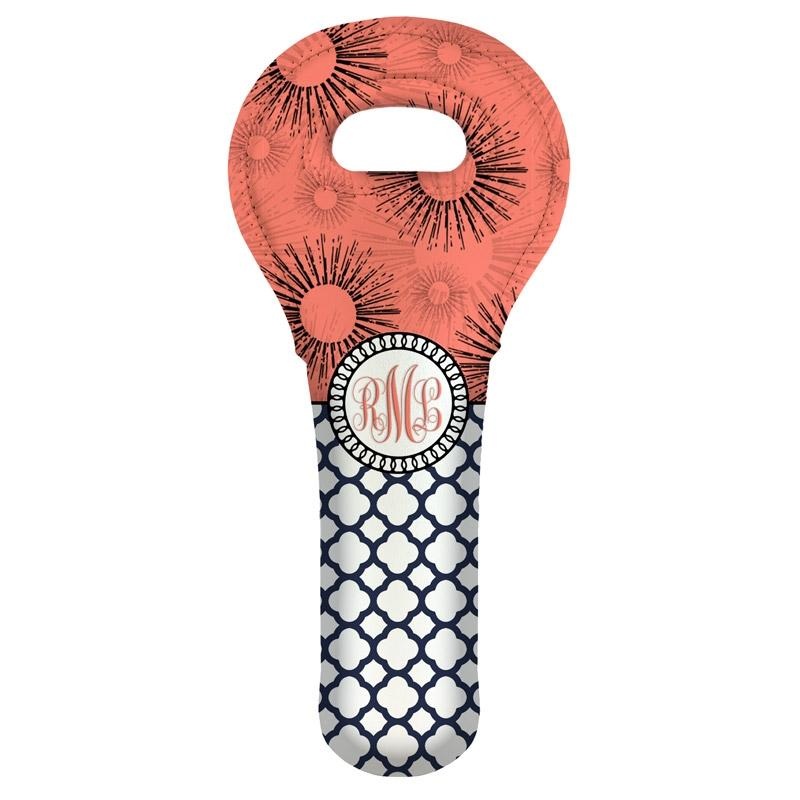 Wine Tote – Monogram Design – Pink Sunburst // Lattice Pattern – CUSTOMIZABLE