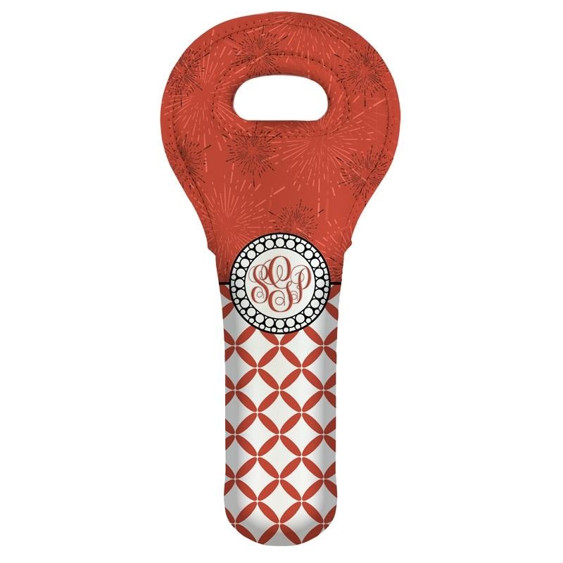 Wine Tote – Monogram Design – Red Sunburst // Lattice Pattern – CUSTOMIZABLE