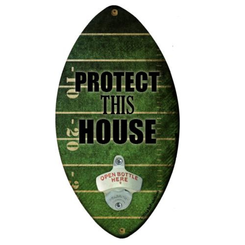 Protect This House Football Shaped Wood Wall Bottle Opener