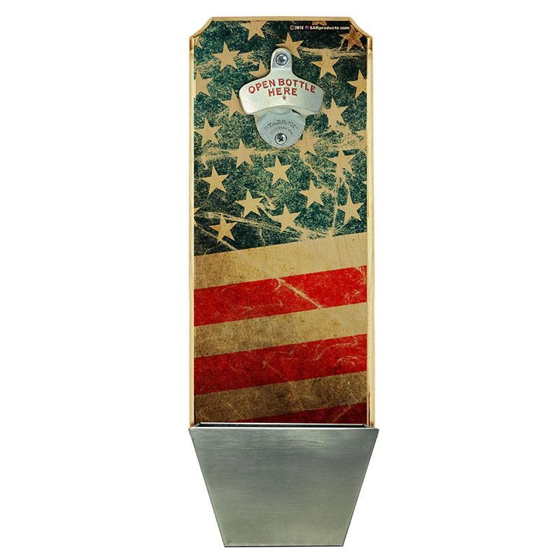 American Flag  Wall Mounted Wood Plaque Bottle Opener and Cap Catcher