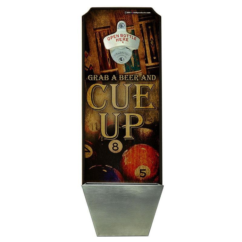 Billiards  Wall Mounted Wood Plaque Bottle Opener and Cap Catcher