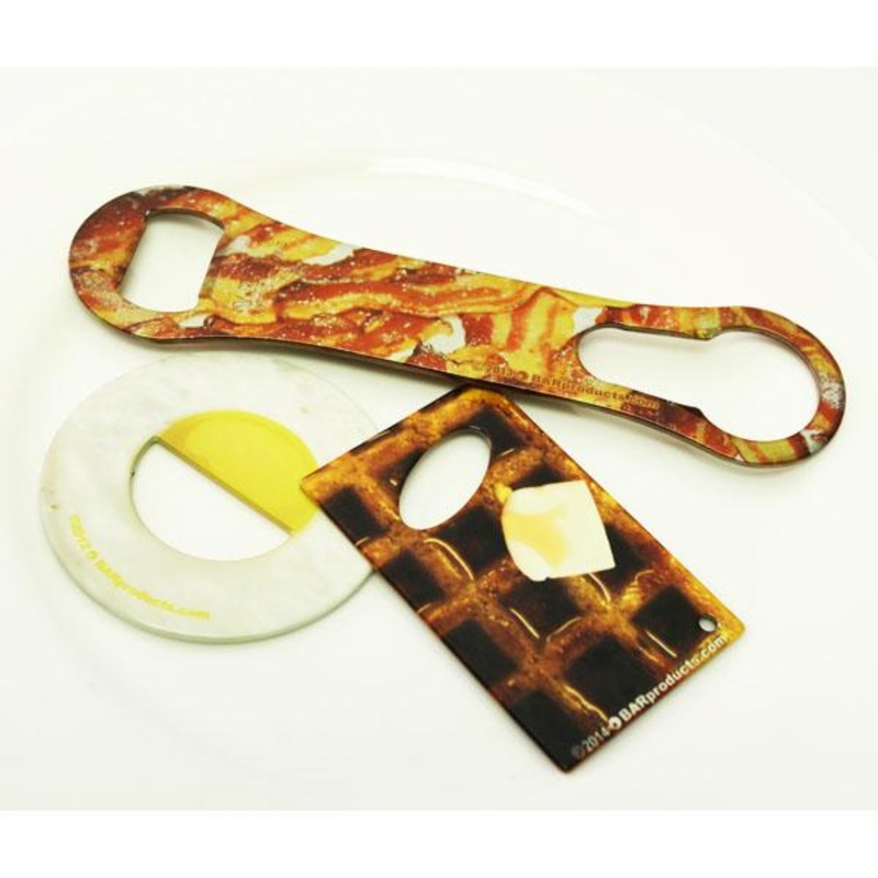 Breakfast Bottle Openers|Metallic Bacon V-Rod|Eggs Round|Waffle Credit Card