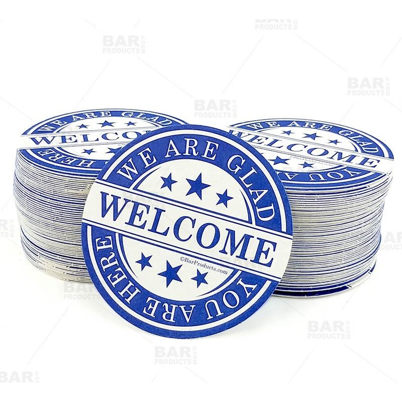 Round Drink Coasters We Are Glad You Are Here 3.5 inch Diameter – Pack of 250