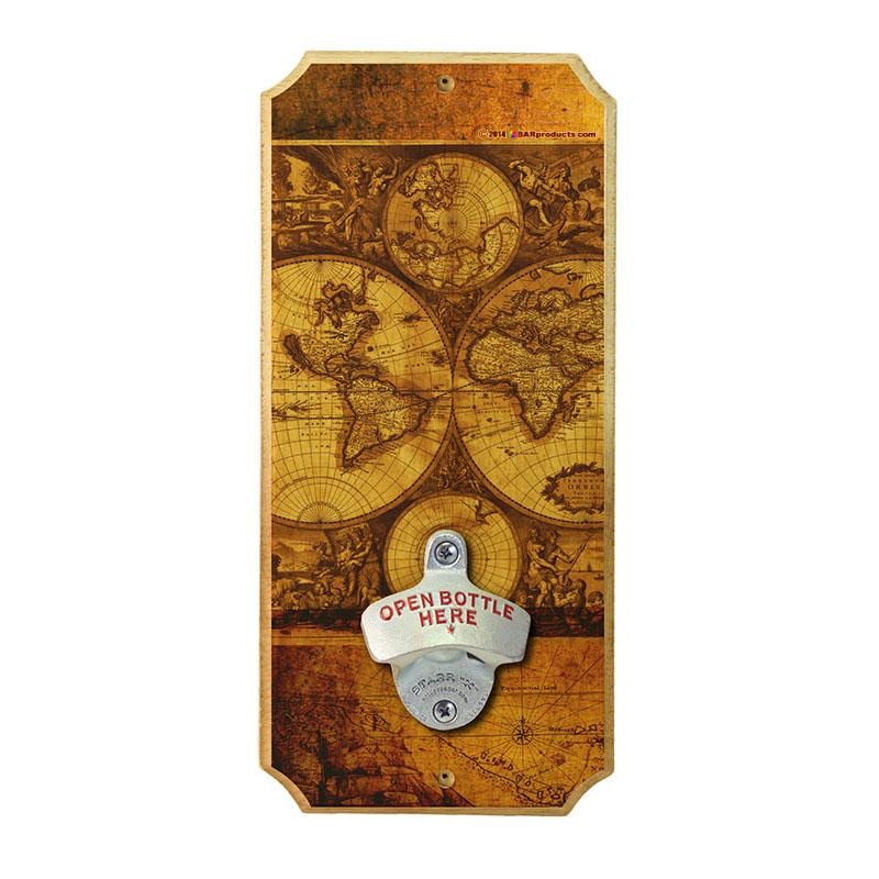 World Map – Wood Plaque Wall Mounted Bottle Opener
