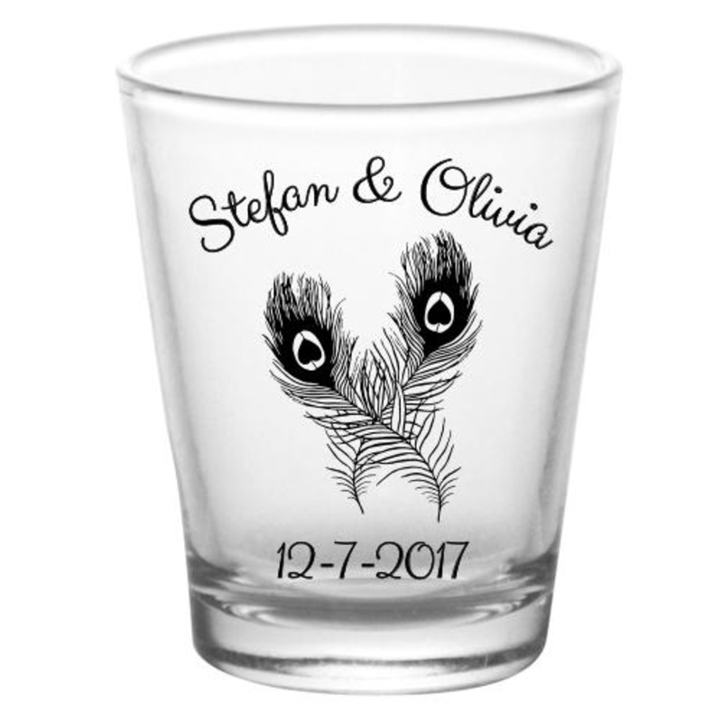 CUSTOMIZABLE Clear Shot Glass – Peacock Feathers Design – 1.75oz