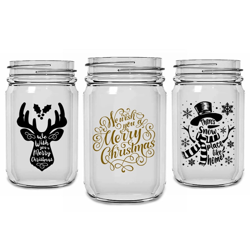 BarConic Christmas Collection –  Mason Jar Glassware-  12 ounce – Several Design Options