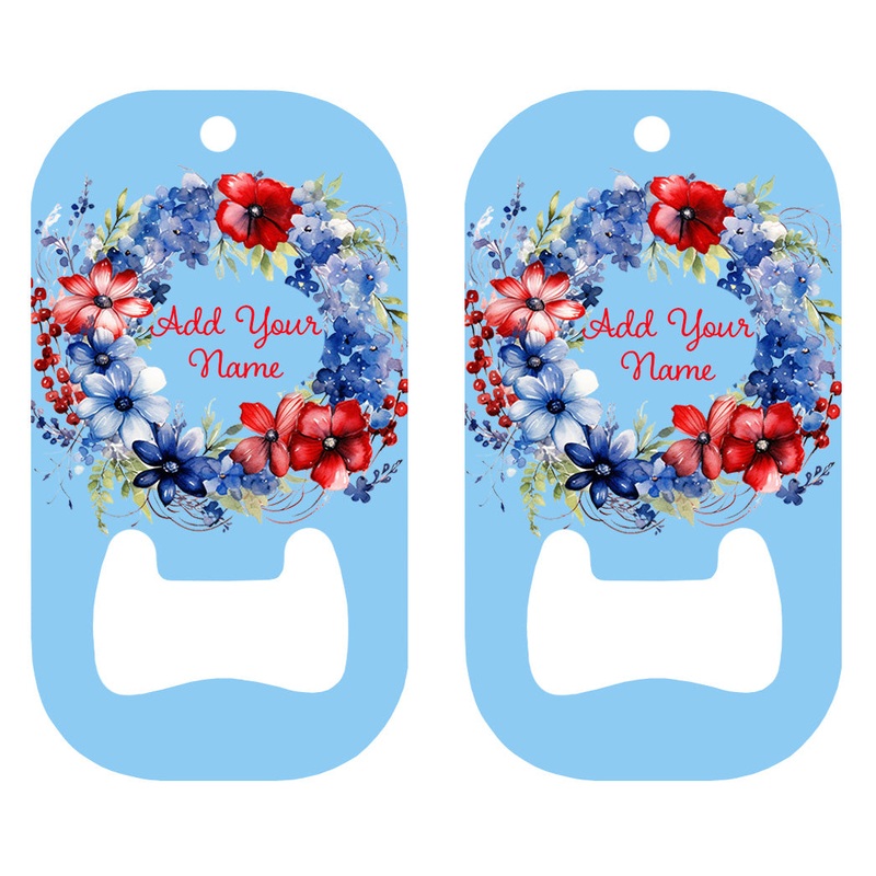 Customizable Dog Tag Bottle Opener – Add Your Name – Red White and Blue Flower