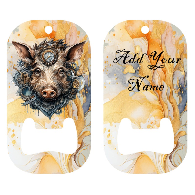 Customizable Dog Tag Bottle Opener – Add Your Name – Steampunk Pig