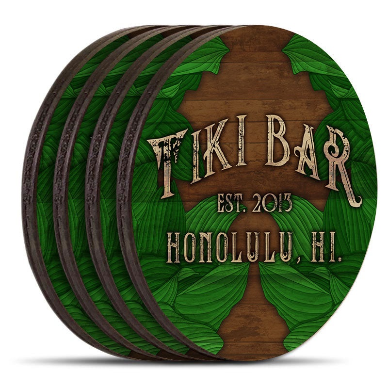 Customizable Wooden Coasters – Tiki Leaves – Round – Set of 4