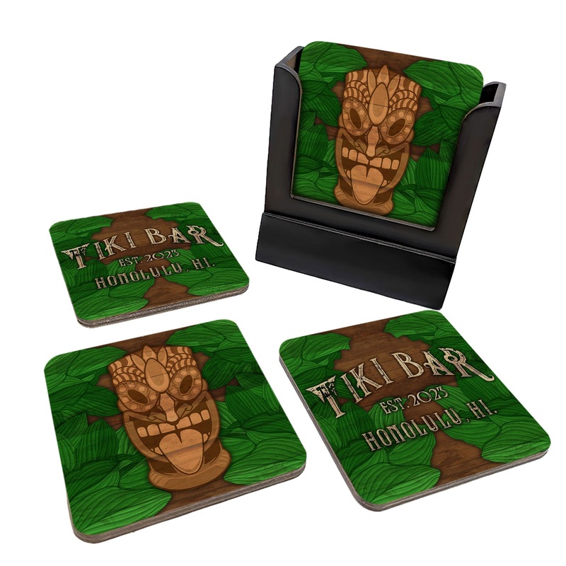 Customizable Wooden Square Coasters – Tiki Leaves – Set of 4