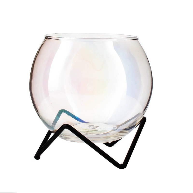 Glass Shaped Cauldron w/ Black Metal Stand – Iridescent – 13.5 ounce