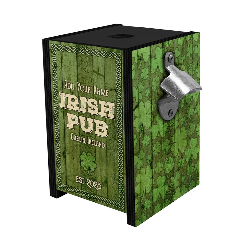Wooden Bottle Cap Holder Box with Metal Bottle Opener – Black Stain – Custom Irish Pub Design