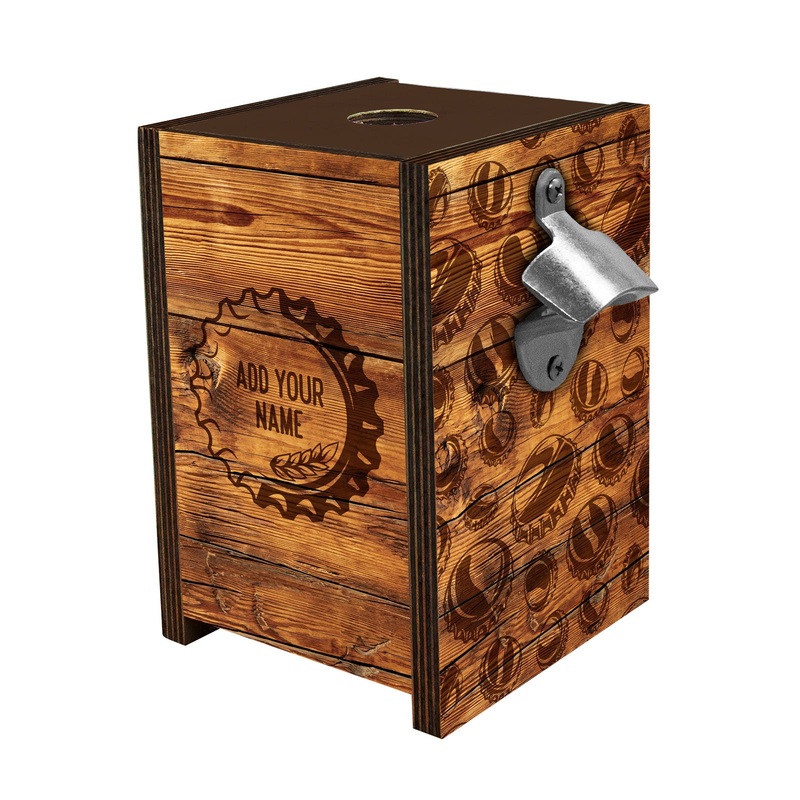 Wooden Bottle Cap Holder Box with Metal Bottle Opener – Walnut Stain – Custom Beer Cap Design