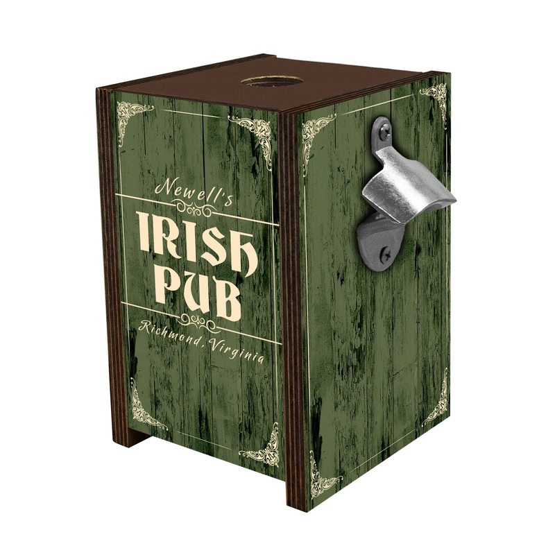 Wooden Bottle Cap Holder Box with Metal Bottle Opener – Walnut Stain – Custom Irish Pub Design
