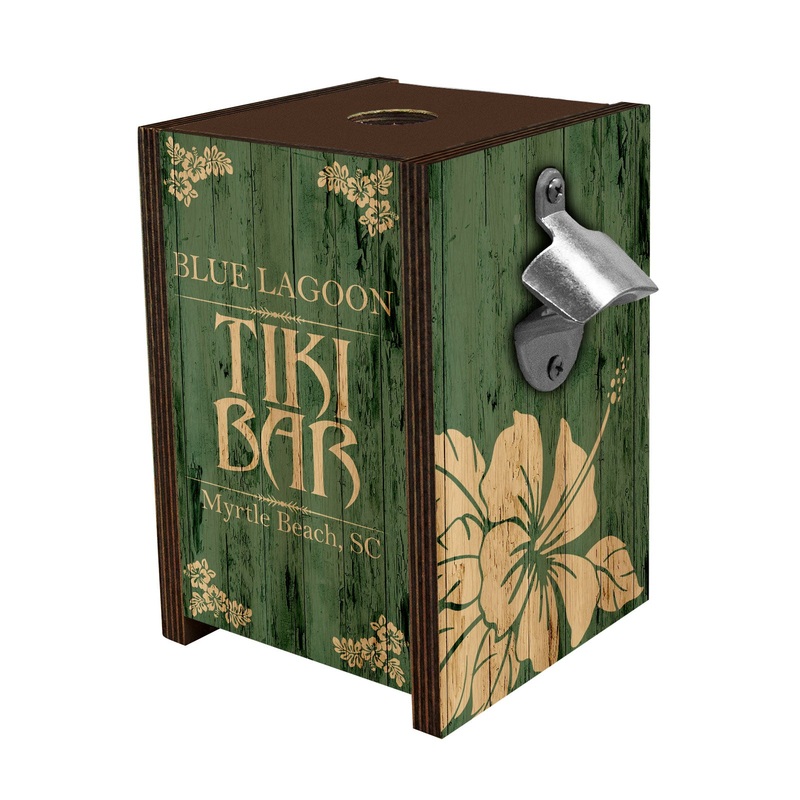 Wooden Bottle Cap Holder Box with Metal Bottle Opener – Walnut Stain – Custom Tiki Bar Design