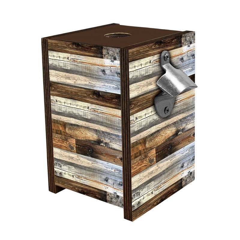 Wooden Bottle Cap Holder Box with Metal Bottle Opener – Walnut Stain – Wood Planks Design