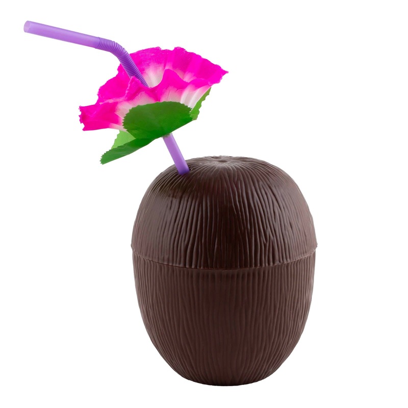 Plastic Coconut Cup w/ Colorful Flower Straw – 12 Pack