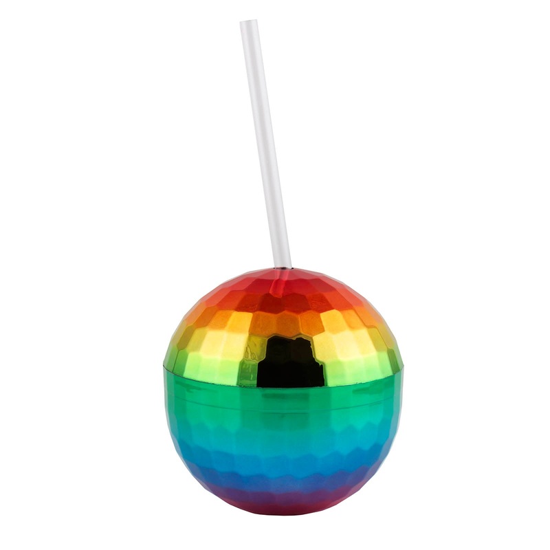 Plastic Rainbow Disco Ball Drinking Cup w/ Straw and Lid – 12 oz