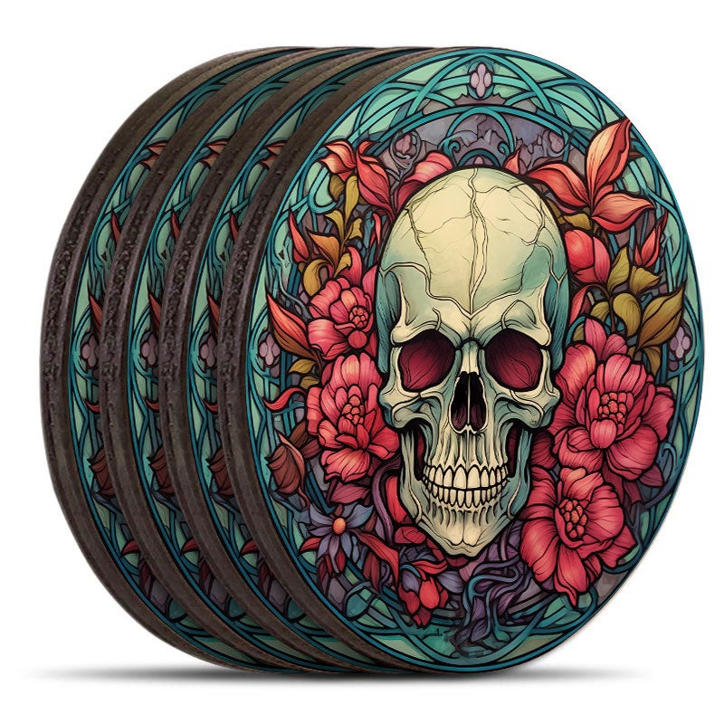 Wooden Round Coasters – Multiple Stained Glass Skulls Designs – Set of 4 W/ Wooden Caddy