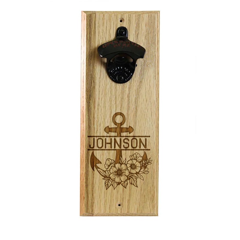 Wooden Wall Bottle Opener w/ Magnetic Cap Catcher – Custom Engraved Anchor Theme