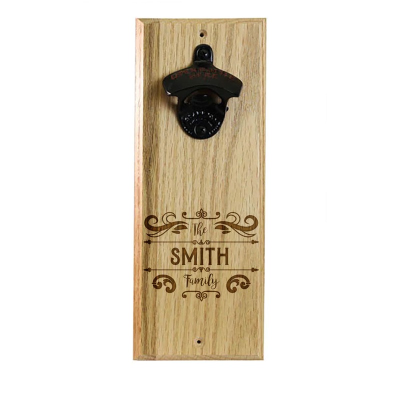 Wooden Wall Bottle Opener w/ Magnetic Cap Catcher – Custom Engraved Family Name Decorative Theme