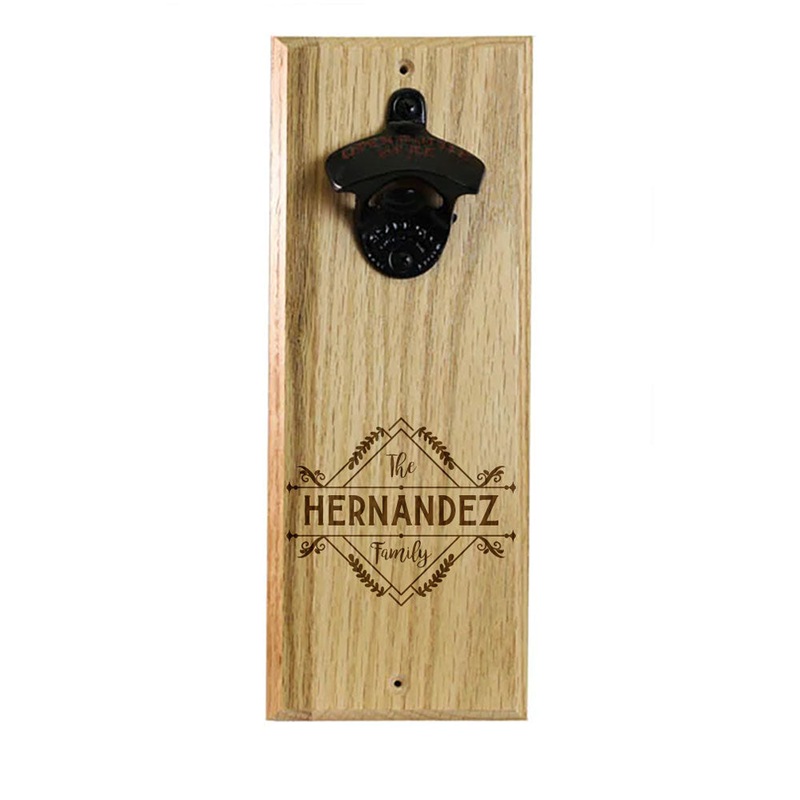Wooden Wall Bottle Opener w/ Magnetic Cap Catcher – Custom Engraved Family Name Floral Theme