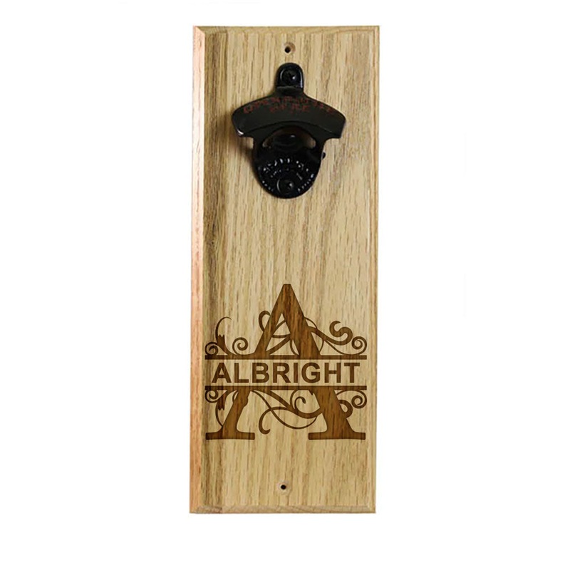 Wooden Wall Bottle Opener w/ Magnetic Cap Catcher – Custom Engraved Monogram Theme