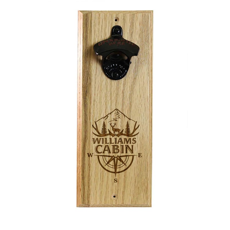Wooden Wall Bottle Opener w/ Magnetic Cap Catcher – Custom Engraved Mountain Cabin Theme