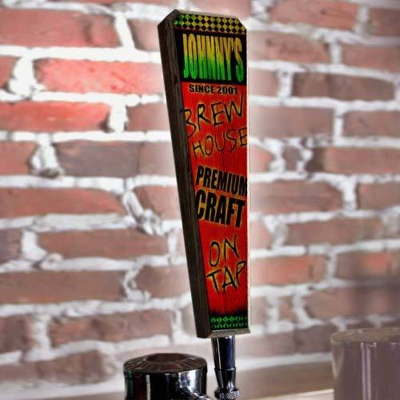 Brew House – Red / Green – Oak Wood Beer Tap Handles – Flared Shape