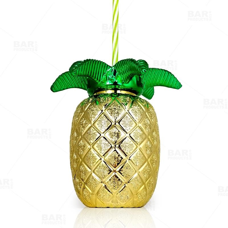 BarConic Plastic Gold Pineapple Drinking Cup w/ Lid and Straw – 24oz