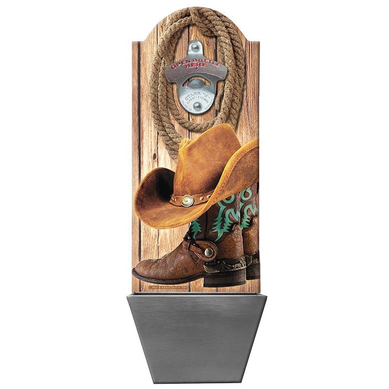 Cowboy Boots & Hat  Wall Mounted Wood Plaque Bottle Opener and Cap Catcher