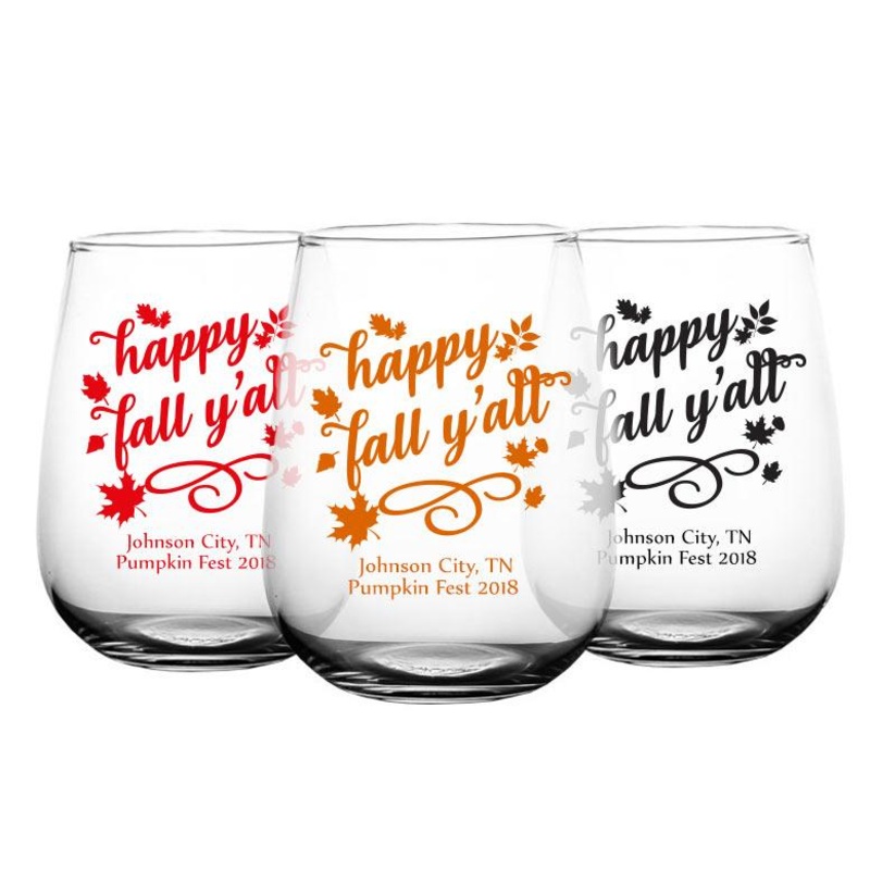 CUSTOMIZABLE Stemless Wine Glass – Happy Fall Y’all – 17 ounce