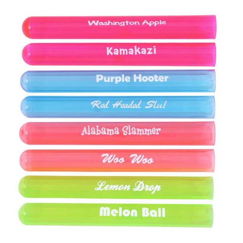 Tube SHOTZ with Shooter Names|NEON Pink Washington Apple|NEON Pink Kamakazi|Blue Purple Hooter|Blue Red Headed Slut|NEON Orange Alabama Slammer|NEON Orange Woo Woo|NEON Yellow Lemon Drop