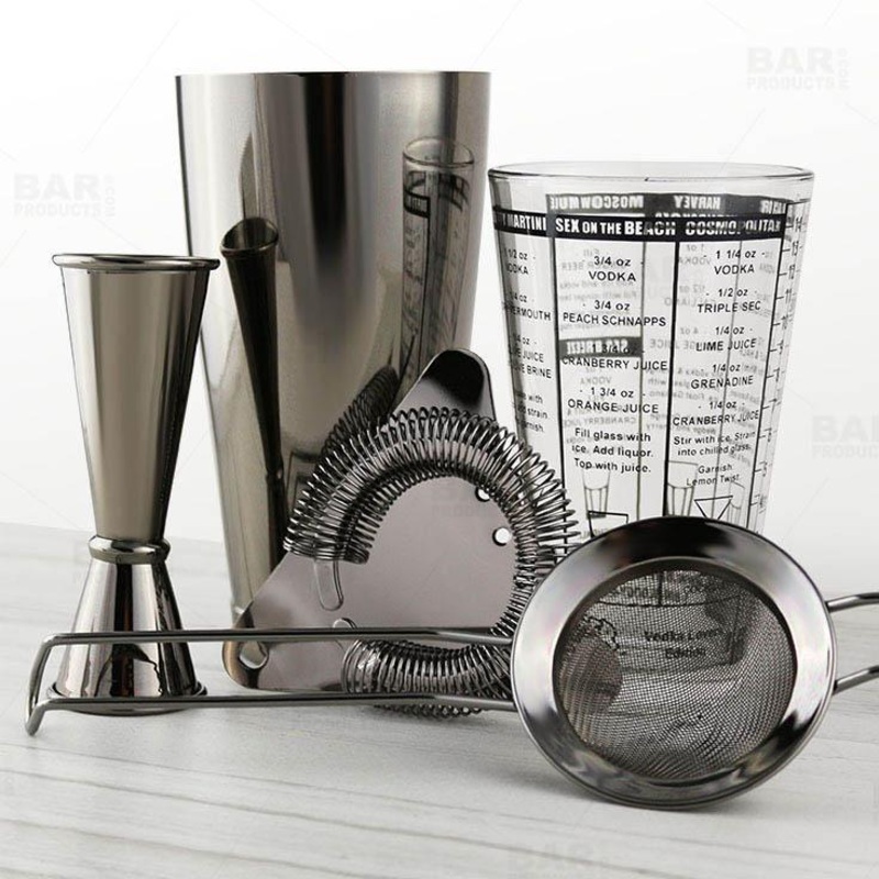 Mix Master Bar Set – Gun Metal Black – 5 Piece w/ Recipe Glass Options