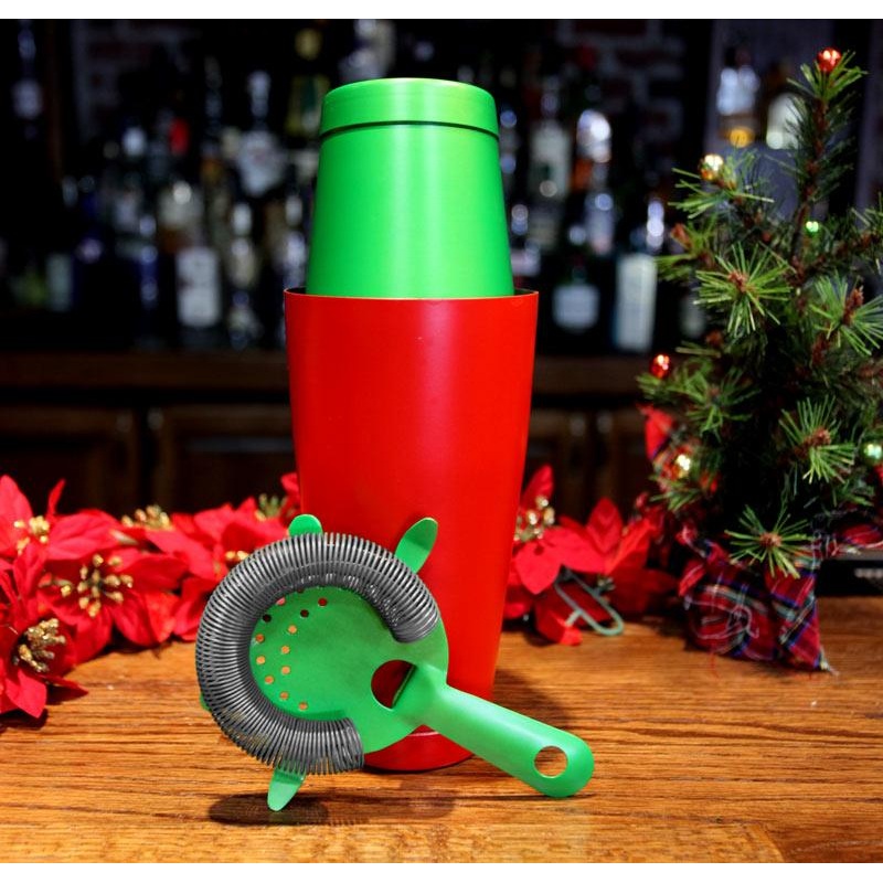 Olea Holiday Shaker Sets|Set 1 – 28oz Red Shaker / 16oz Green Shaker / Green Strainer|Set 2 – 28oz Green Shaker / 16oz Red Shaker / Red Strainer|Set 3 – Set of 4 Shakers (No Strainers)