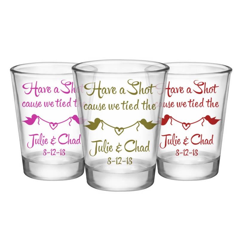 CUSTOMIZABLE Clear Wedding Shot Glass – Bird Knot – 1.75oz