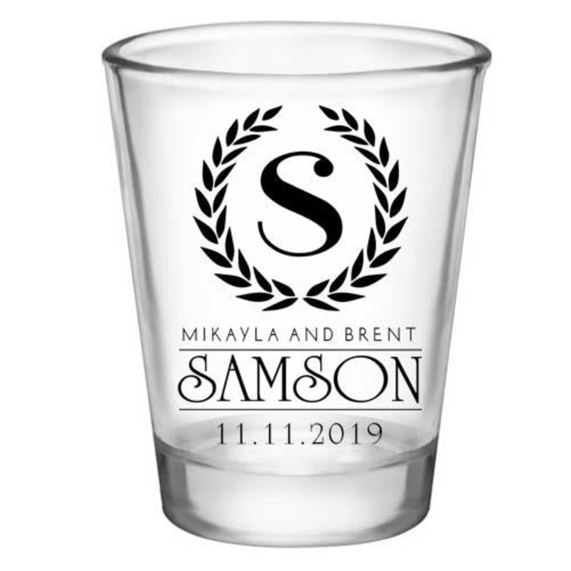 CUSTOMIZABLE Clear Wedding Shot Glass – Crest – 1.75oz
