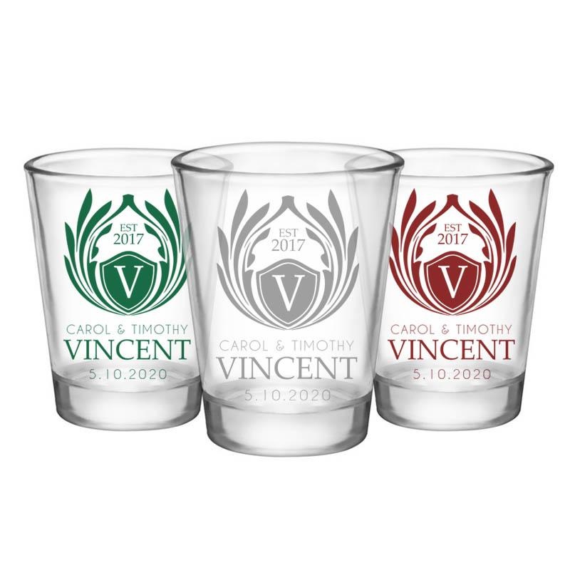 CUSTOMIZABLE Clear Wedding Shot Glass – Crest (Version 1) – 1.75oz