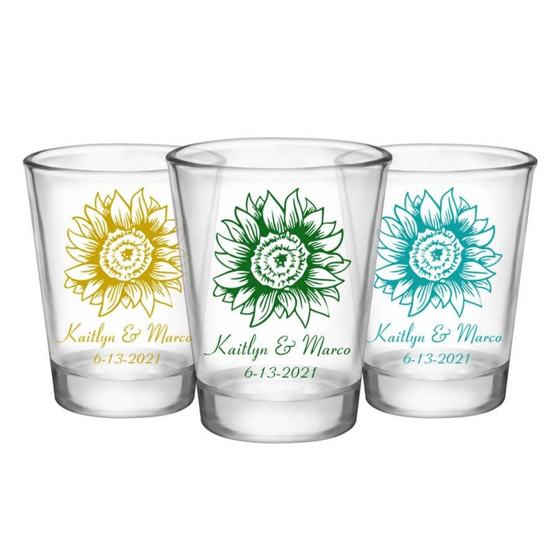 CUSTOMIZABLE Clear Wedding Shot Glass – Sunflower – 1.75oz