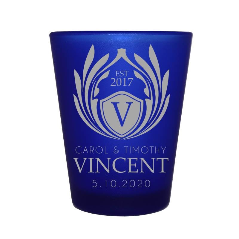 CUSTOMIZABLE Blue Frosted Shot Glass – 1.5 ounce – Crest 1