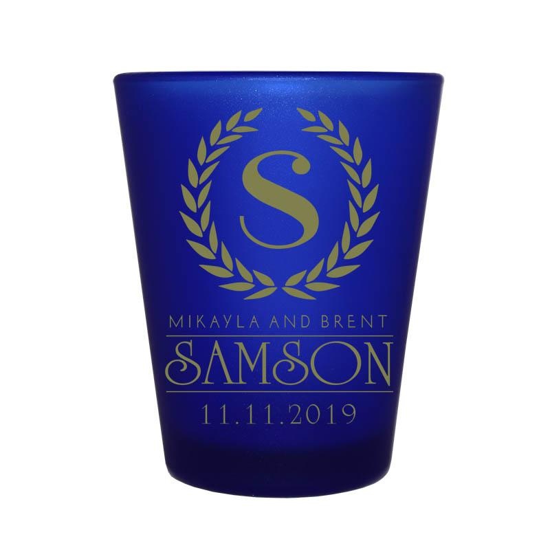 CUSTOMIZABLE Blue Frosted Shot Glass – 1.5 ounce – Crest