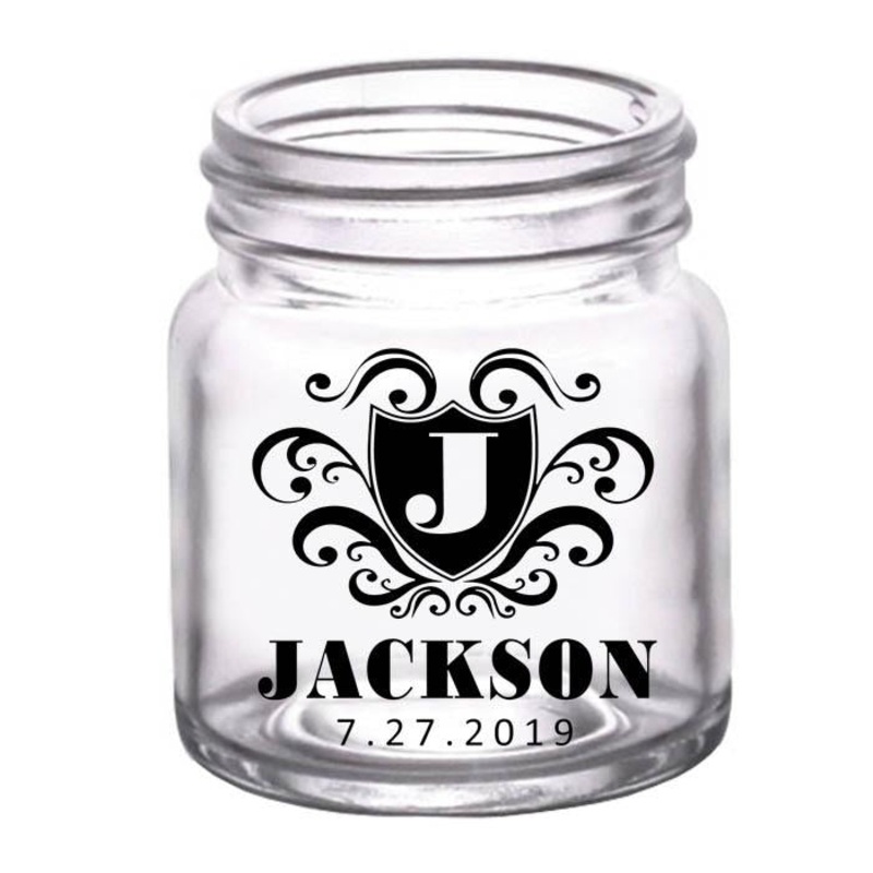 Mini Mason Jar Shot Glass – Crest (Version 3) – CUSTOMIZABLE – 2oz Clear