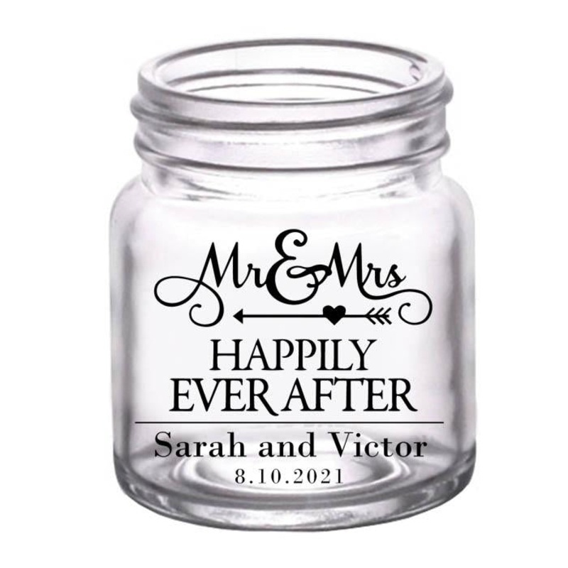Mini Mason Jar Shot Glass – Mr. and Mrs. Happily – CUSTOMIZABLE – 2oz Clear