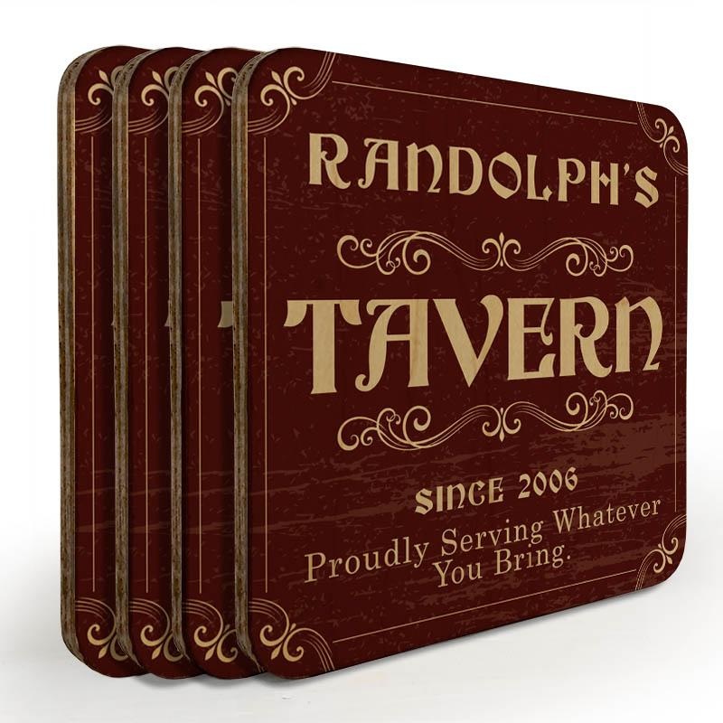 Customizable Wooden Square Coasters – Tavern Theme – Set of 4