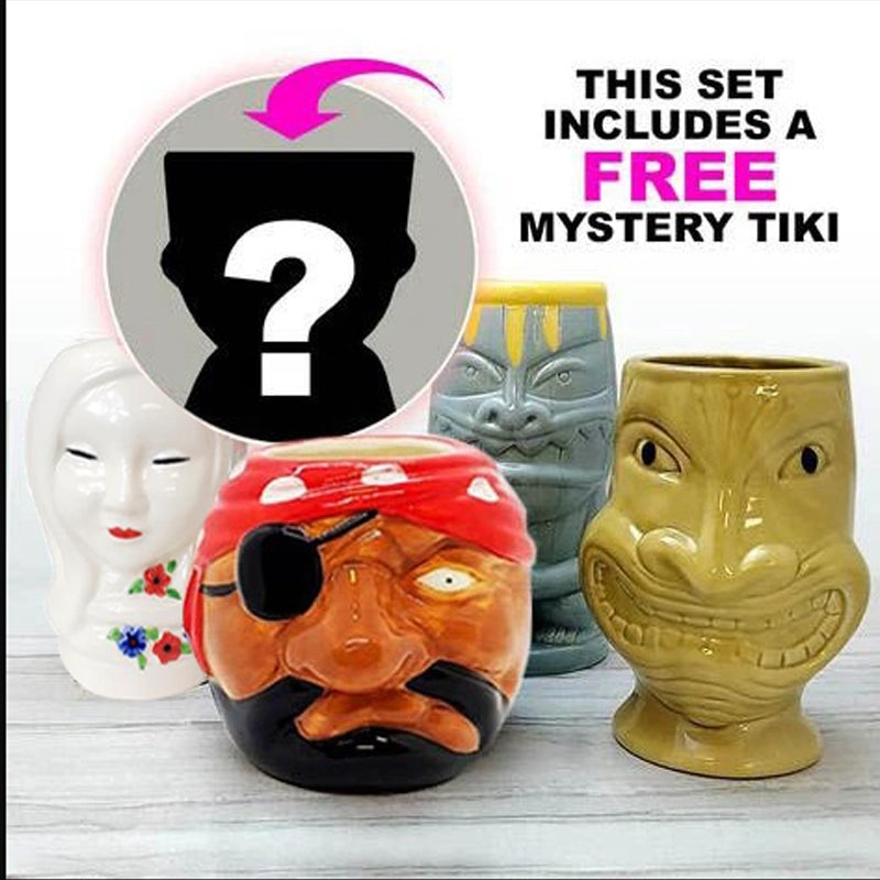 Stranded Island Tiki Mug Drinkware Package – Set of 4 + FREE Mystery Tiki
