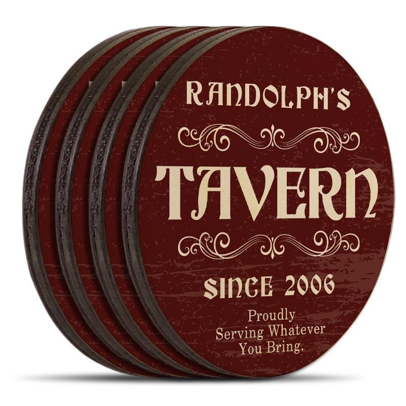 Customizable Wooden Coasters – Tavern Theme – Round – Set of 4