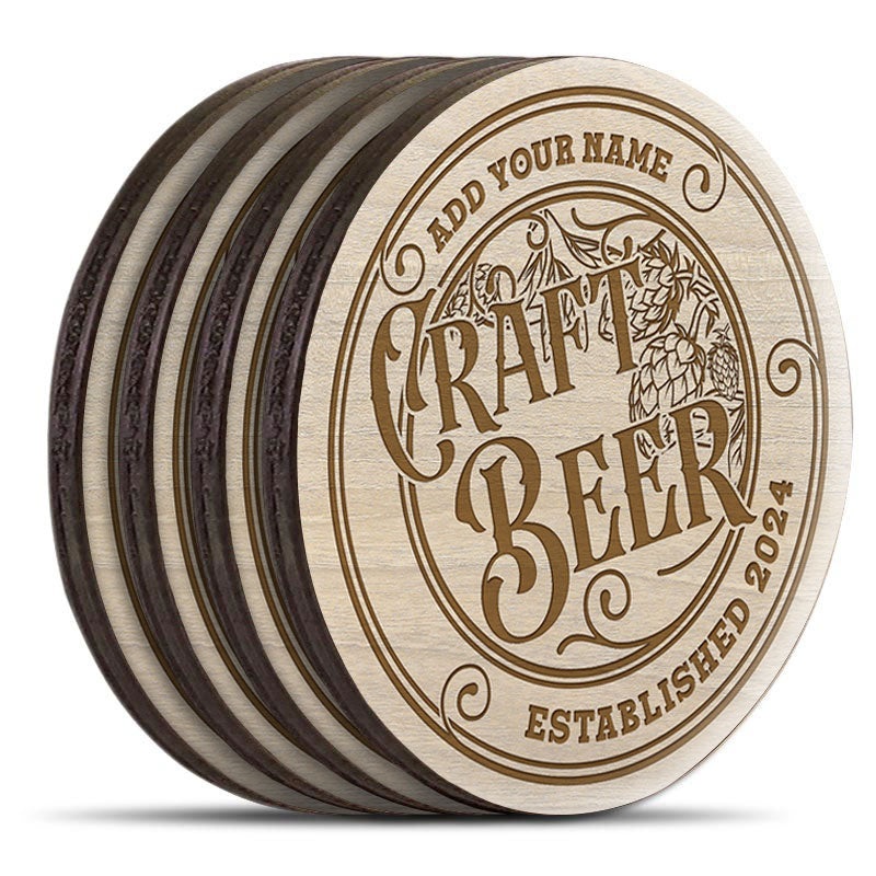 Customizable Engraved Wooden Coasters – Craft Beer Theme – Round – Set of 4