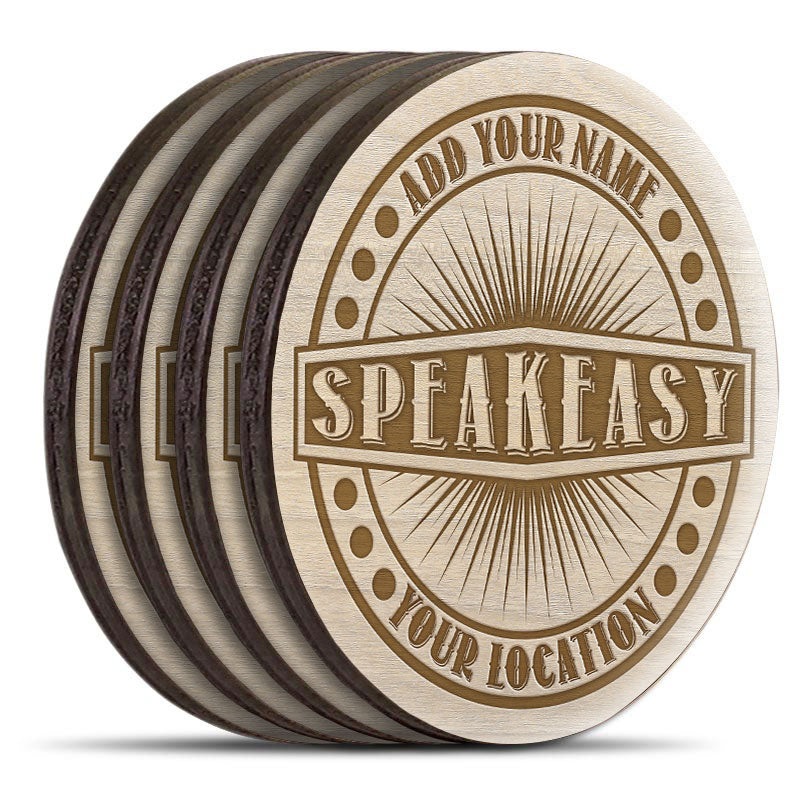 Customizable Engraved Wooden Coasters – Speakeasy Theme – Round – Set of 4