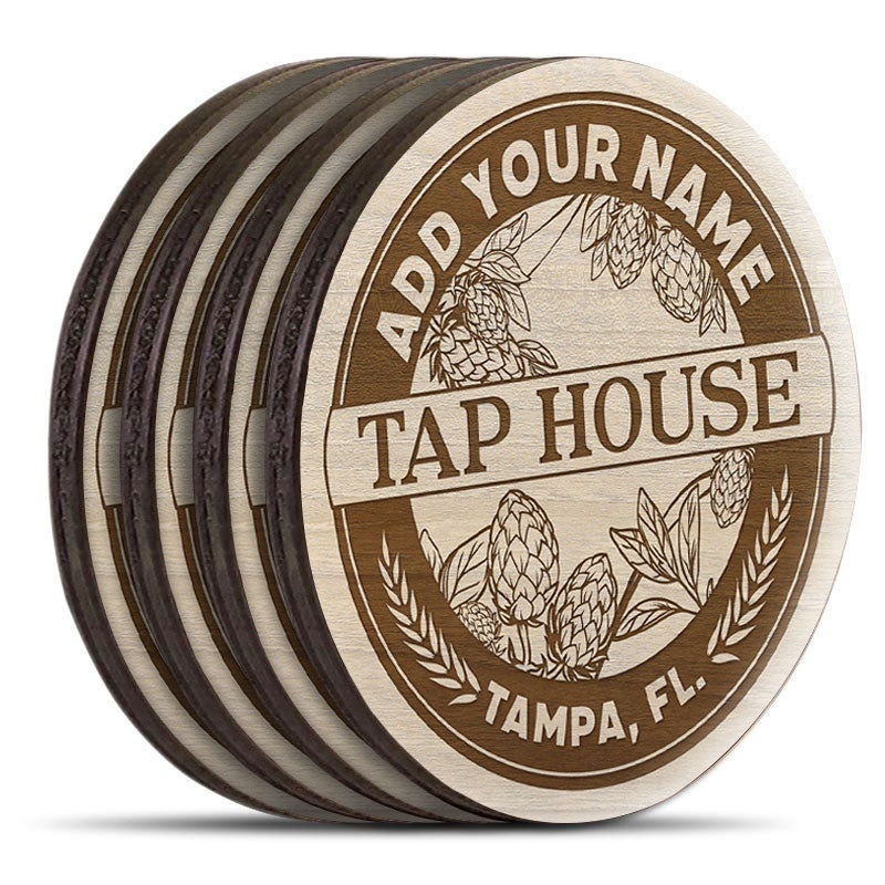 Customizable Engraved Wooden Coasters – Tap House Theme – Round – Set of 4