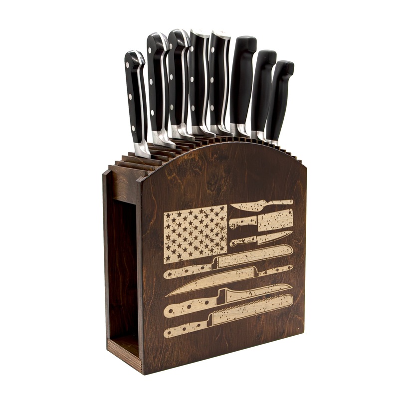 Laser Engraved Knife Block – Dark Stain – Culinary American Flag – Handcrafted in the USA